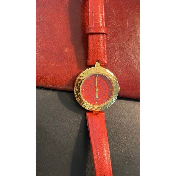 Women's 30mm Gold Tone Titan Raga Watch, Red Leather Band, 2529YAA - Picture 1 of 4